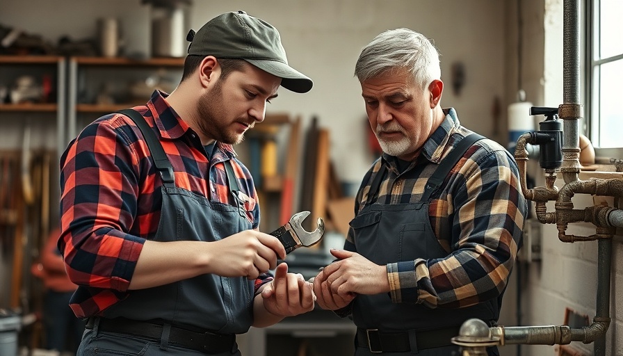 Residential plumbers collaborating in a workshop, focused on repairs.