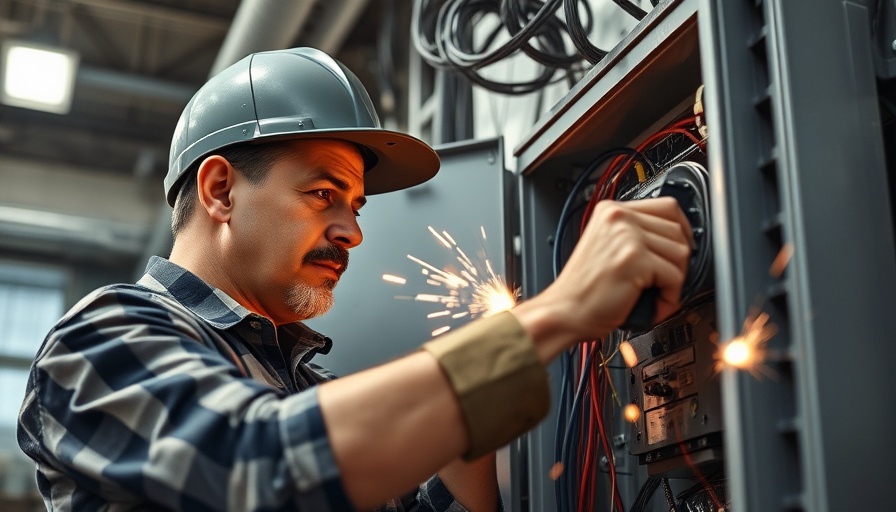 Professional maintaining an electrical panel, focused and attentive.