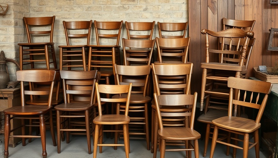 Assorted vintage wooden chairs in rustic setting, vintage items to get rid of.