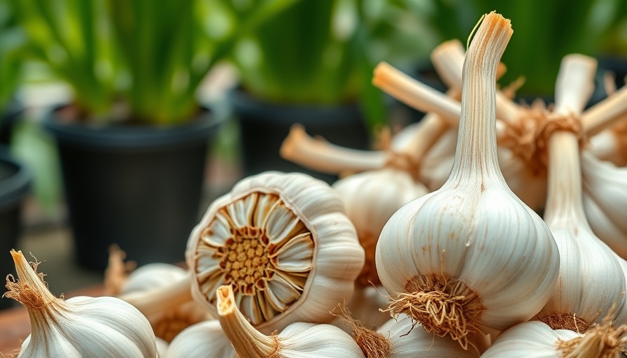 Fresh garlic bulbs with roots in a garden setting.