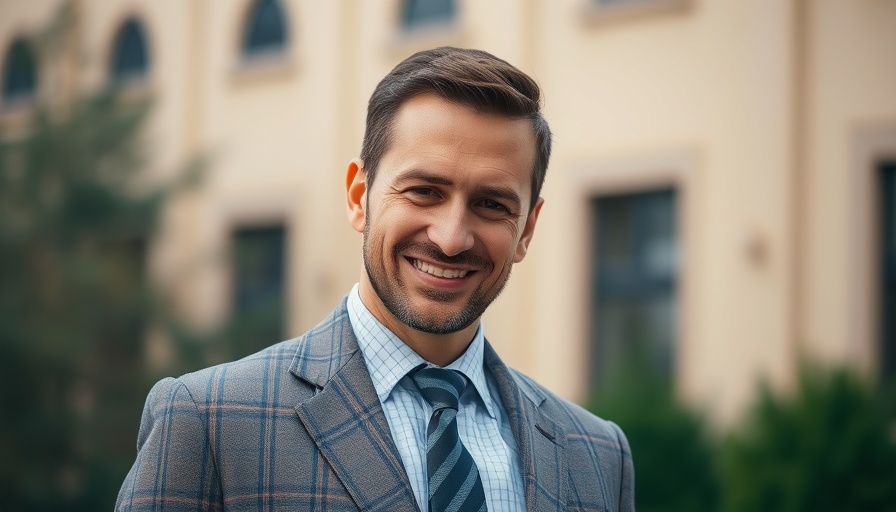 Man in plaid suit smiling outdoors, warm lighting, soft focus.
