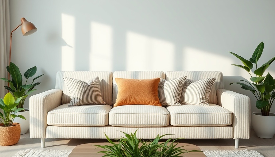 Minimalist living room with striped couch and plants, showcasing home trends 2026.