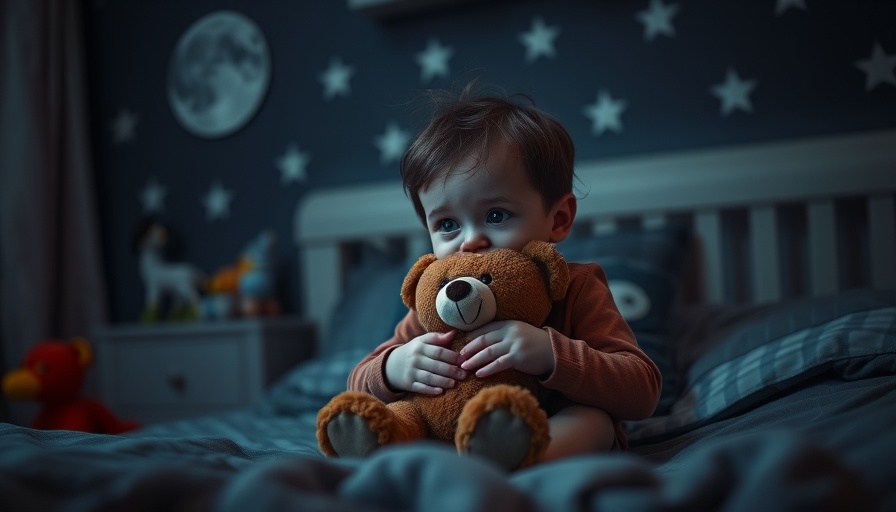 Scared toddler experiencing nightmares in dimly lit bedroom.