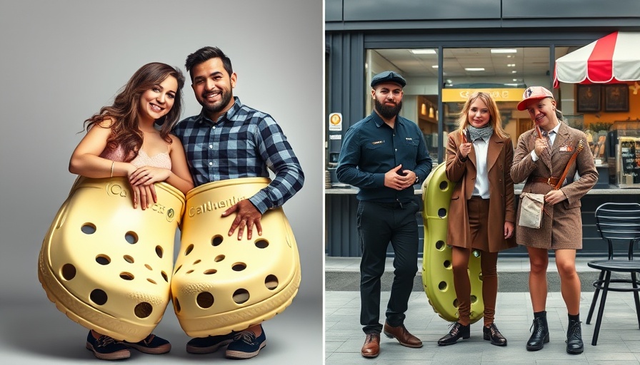 Couples in playful Halloween costumes: Croc shoes and restaurant theme.