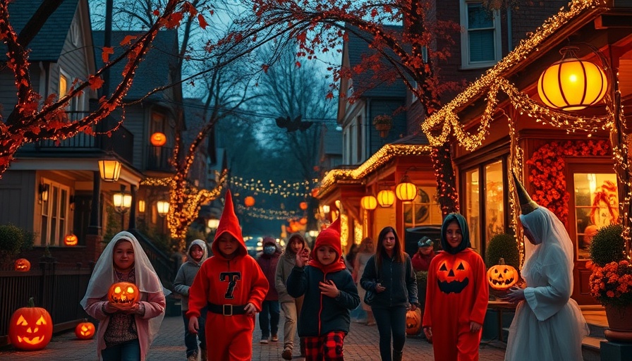 Halloween street with trick-or-treaters and festive decorations.