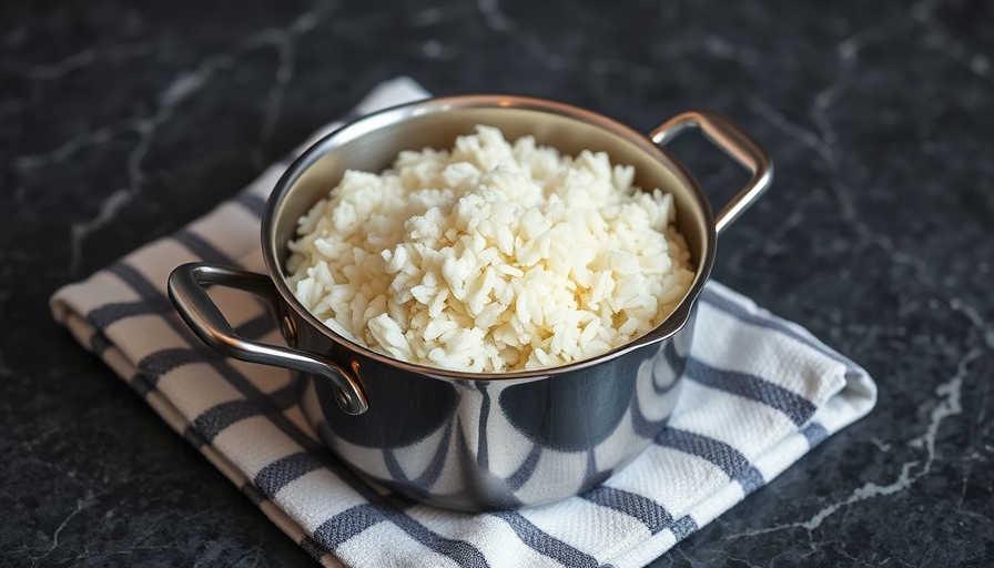 Perfectly cooked stovetop rice in a stainless steel saucepan on a gray countertop.