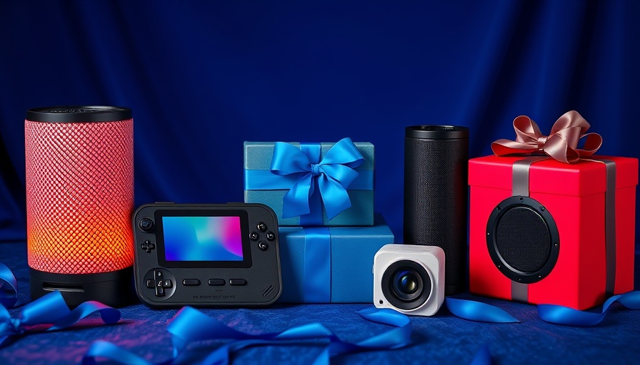 Trendy tech gifts for teen boys on a blue background with ribbons.