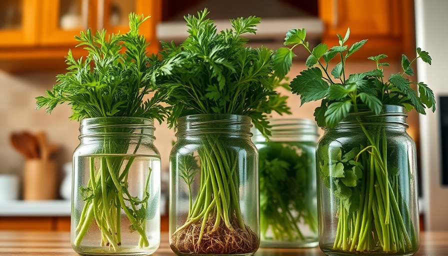 Fresh herbs growing in water on a kitchen counter.