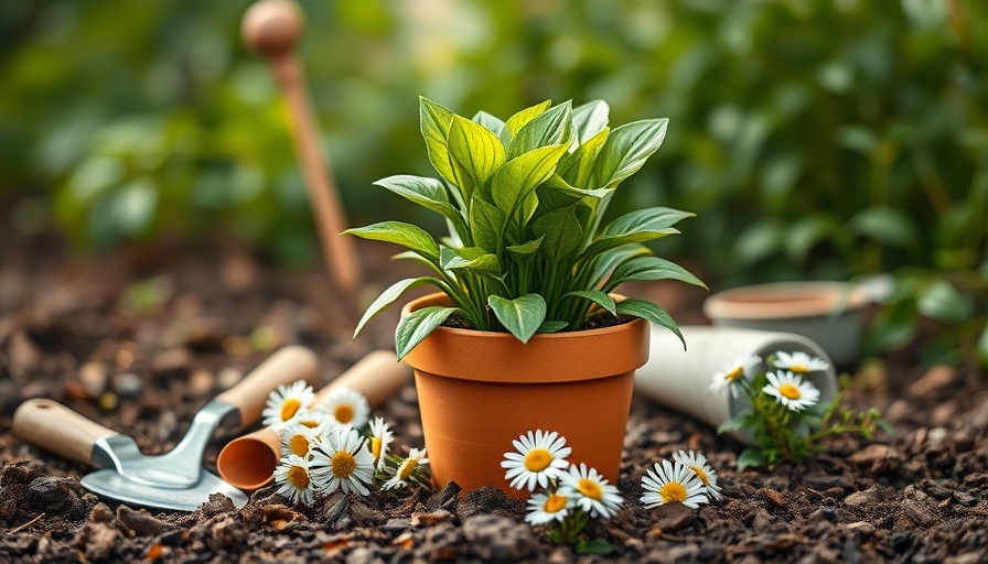 Rescue old pots with vibrant plant and garden tools.