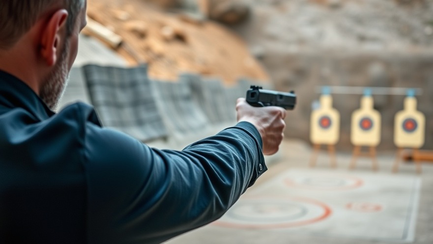 Man practicing firearm self-defense techniques, shooting one-handed at a target.