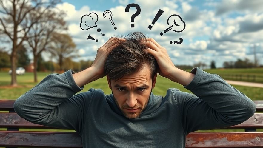 Worried man on park bench symbolizing emotional wellness in a serene park.