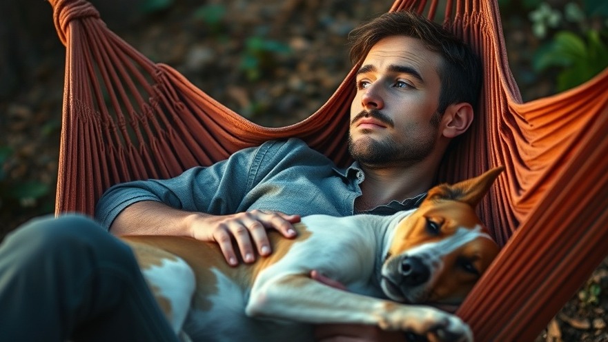 Man in 30s relaxing in hammock for mental wellness, dog below him.