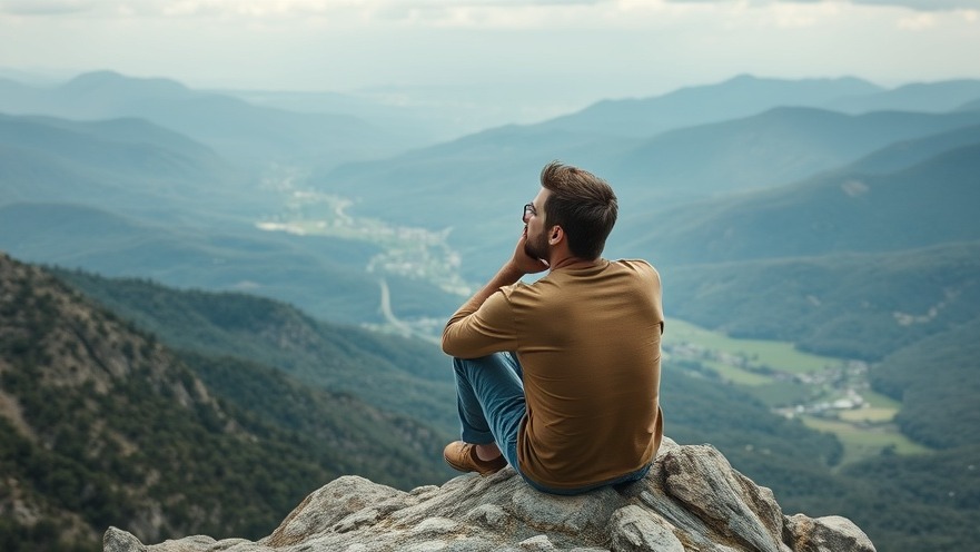 Thoughtful man in contemplation on a mountain promoting mental wellness.