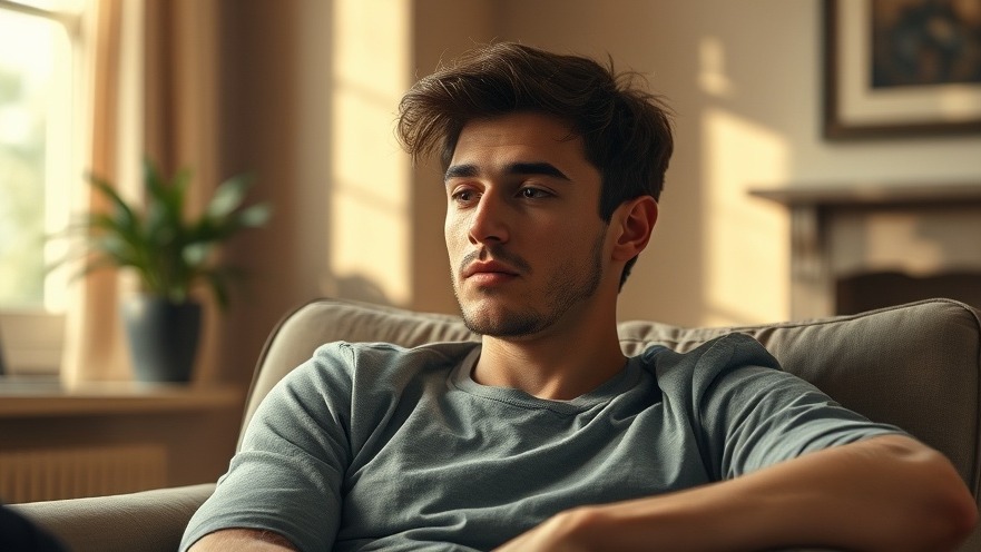 Contemplative man in a cozy room, reflecting on mental wellness and emotional health.