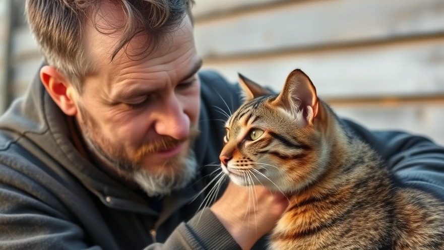 Man nurturing a cat outdoors, symbolizing mental wellness in the military community.