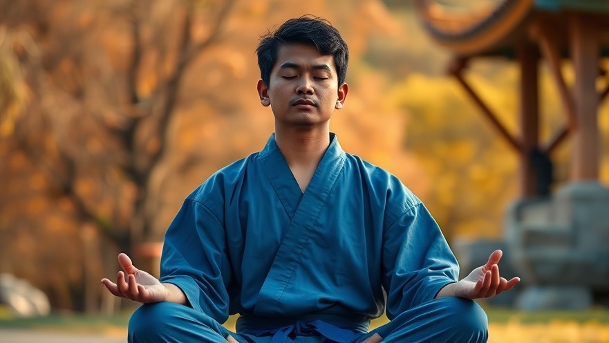 Serene individual in blue gi meditating outdoors for mental wellness.