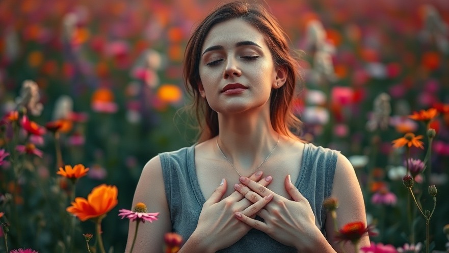 A serene woman practicing mindfulness for emotional health in a vibrant flower field.