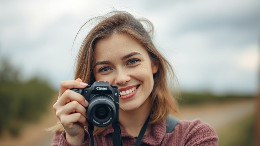 A cheerful woman with a camera embodying self-discovery and emotional health.