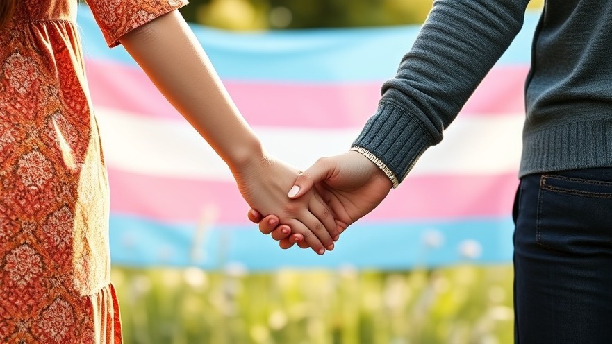 Transgender support with hands holding in a natural setting, featuring the transgender flag.