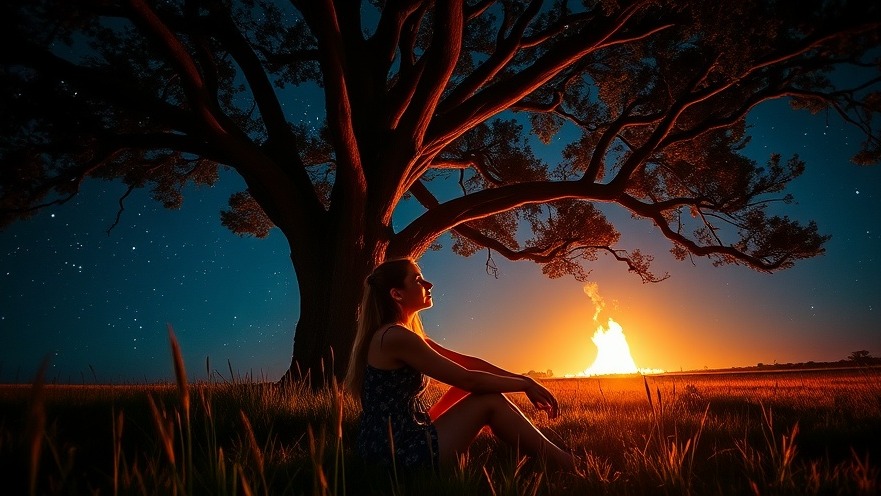 Young woman reflecting on mental wellness under a starry sky.
