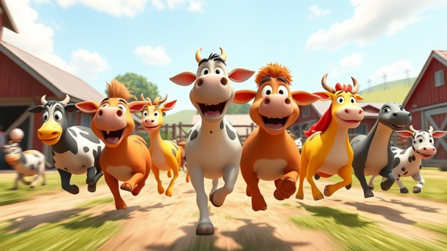 Funny animal videos theme with cartoon animals racing energetically on a farm.