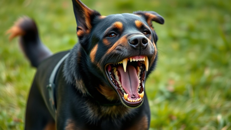 Agitated dog showing aggression in a grassy environment.