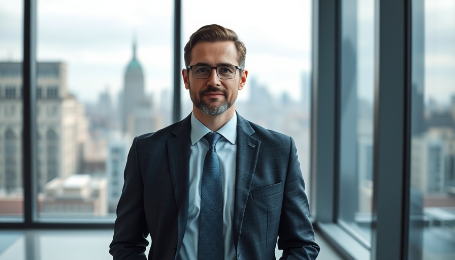Professional businessperson in an office setting, neutral expression, cityscape background.