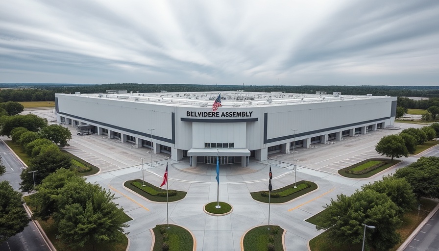 Stellantis $13 Billion U.S. Investment: Aerial view of Belvidere Assembly plant with flags.