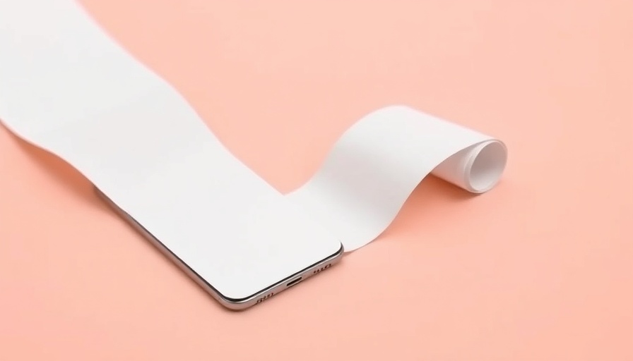 Sleek smartphone with paper roll on peach background, illustrating communication.