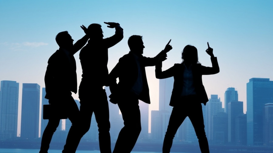 Silhouettes of business people discussing teamwork, urban background.