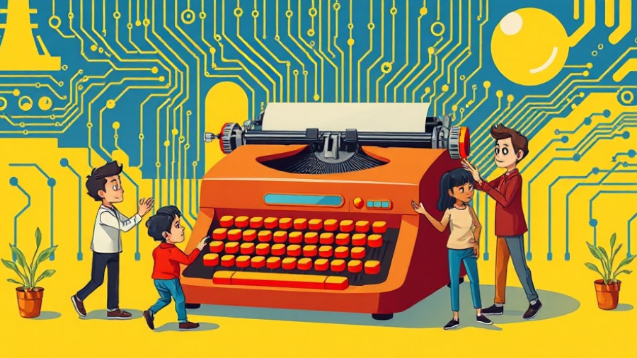 Whimsical illustration of people around a giant typewriter representing Kotler marketing and AI.