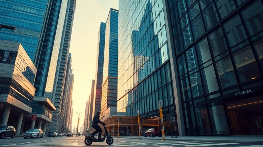 Skyscrapers reflecting in glass with scooter rider, China's Economy Growth
