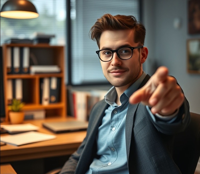 Casual business person pointing right, discovering something great in the office.