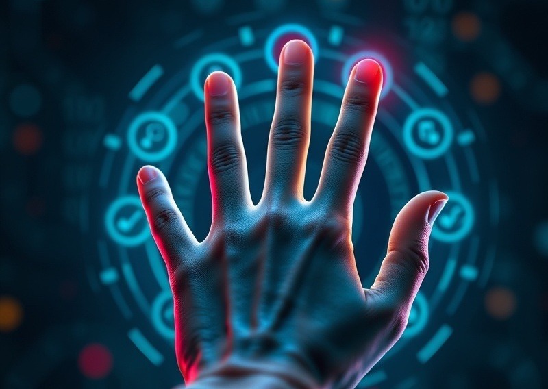 Futuristic hand adjusting vibrant controls to activate AI technology.
