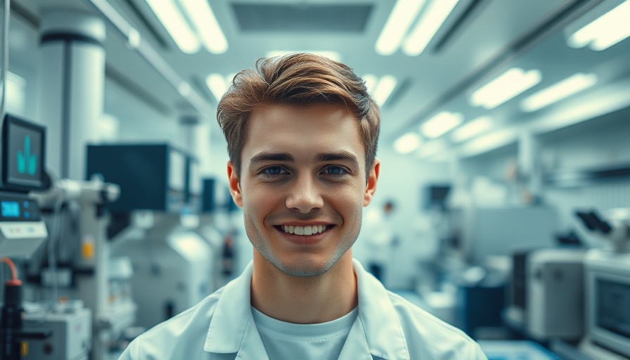 Smiling young man in a high-tech laboratory for local SEO content marketing in aesthetics.