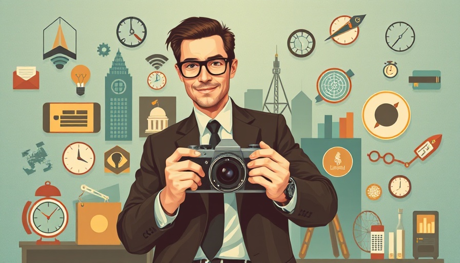Stylized poster of businessman with camera and business icons.