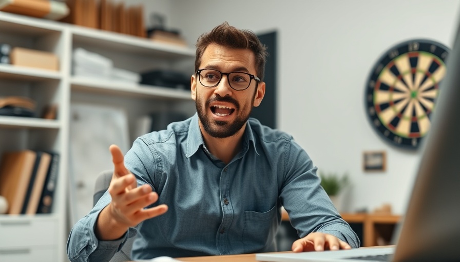 Energetic speaker gesturing at desk, high quality content with AI focus.