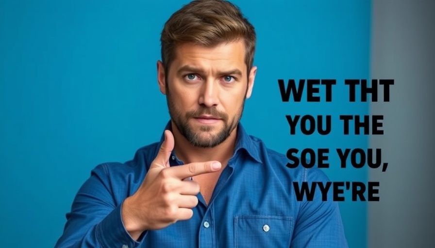 Marketing trick highlighted by confident man pointing at important message.