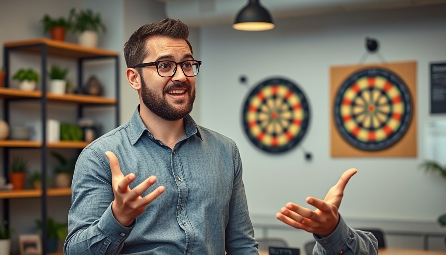 Engaging man discussing branding in a modern office.