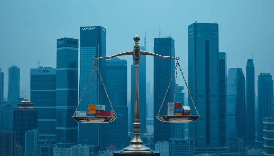 Conceptual illustration of Trump tariffs impact on corporations with skyscrapers.
