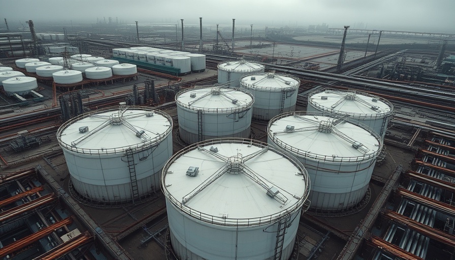 Aerial view of oil storage tanks at a refinery complex related to U.S. crude oil inventories build.