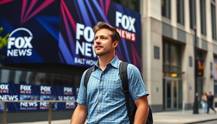Man walking past Fox News sign related to Dominion Fox defamation case.