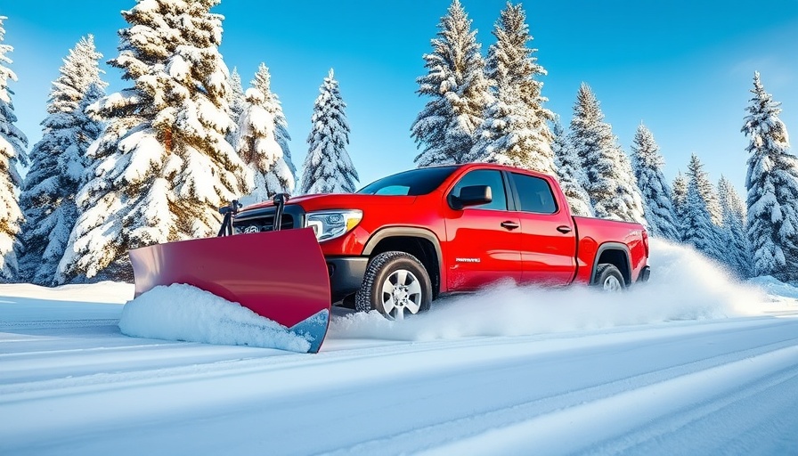 Snowplow pushing truck in snowy pine forest.
