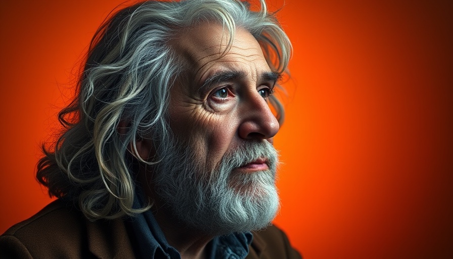 Older man with curly hair in front of orange background, looking thoughtful.