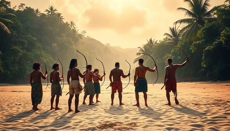 Sentinelese tribe isolation depicted by people with bows on a beach.