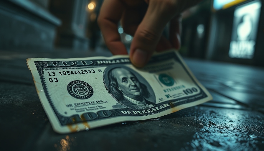 Close-up of a fake US dollar on wet surface showing weakening dollar impact.