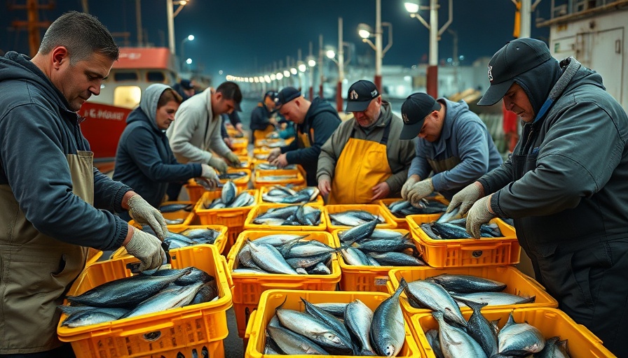 Fishermen sorting fish affecting grocery prices tariffs at dock.