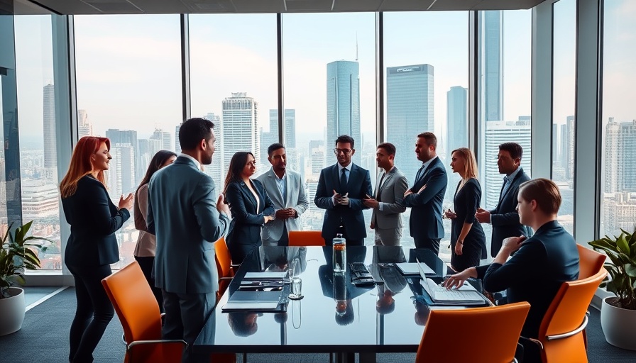Corporate meeting discussing governance strategy, cityscape view.