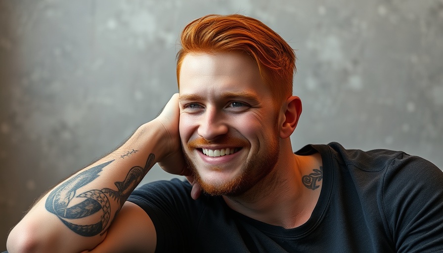Smiling man with red hair and tattoo against grey wall.