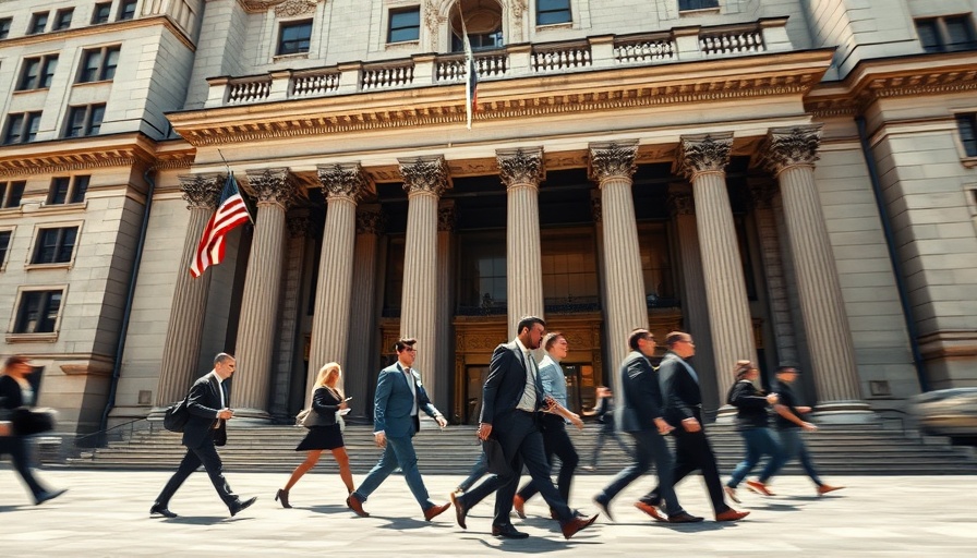 Business figures move past a stock exchange building, tariffs economic impact.